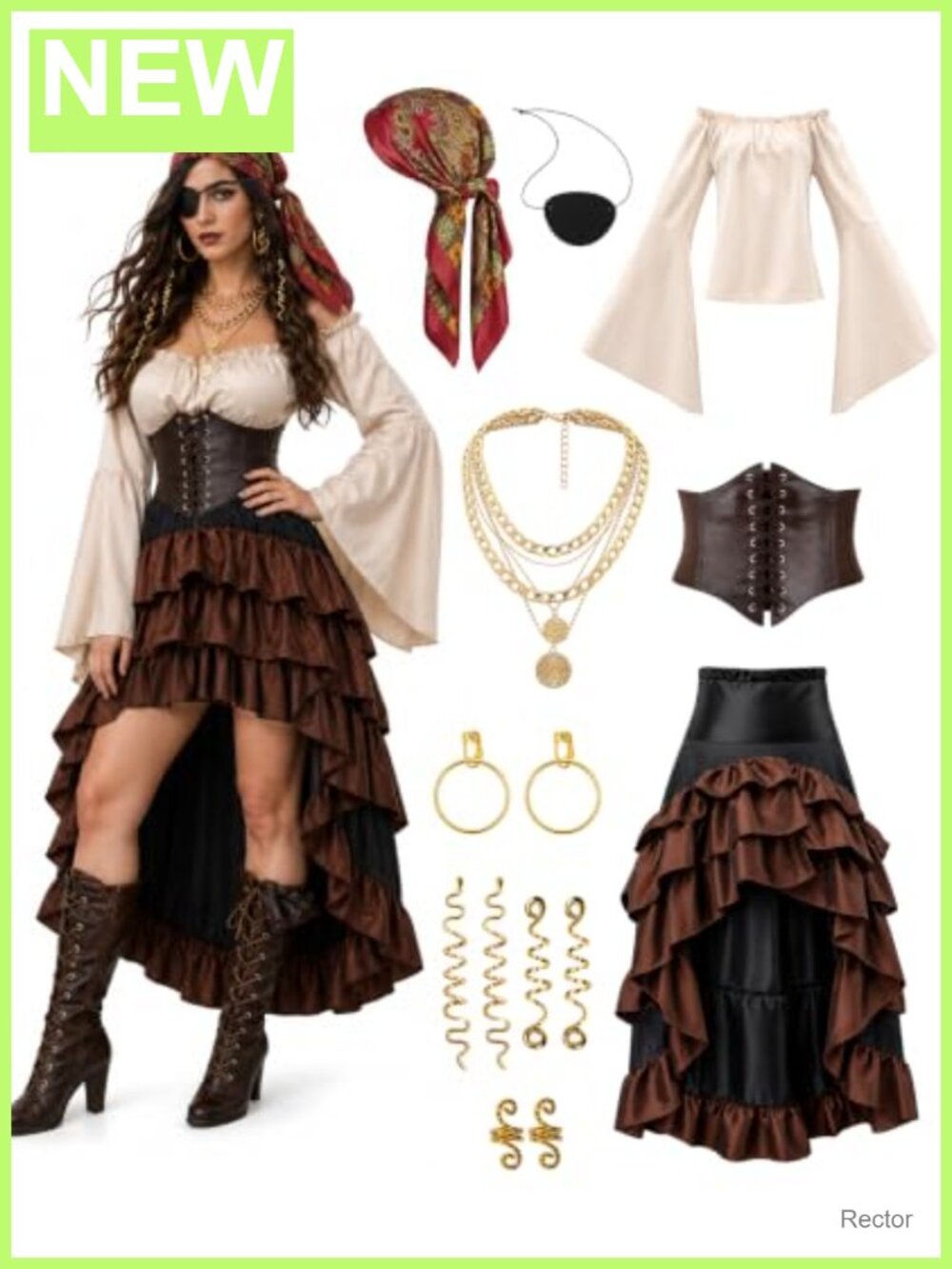 Pirate Costume Women 14 Pc Set w/ Corset Skirt & Accessories